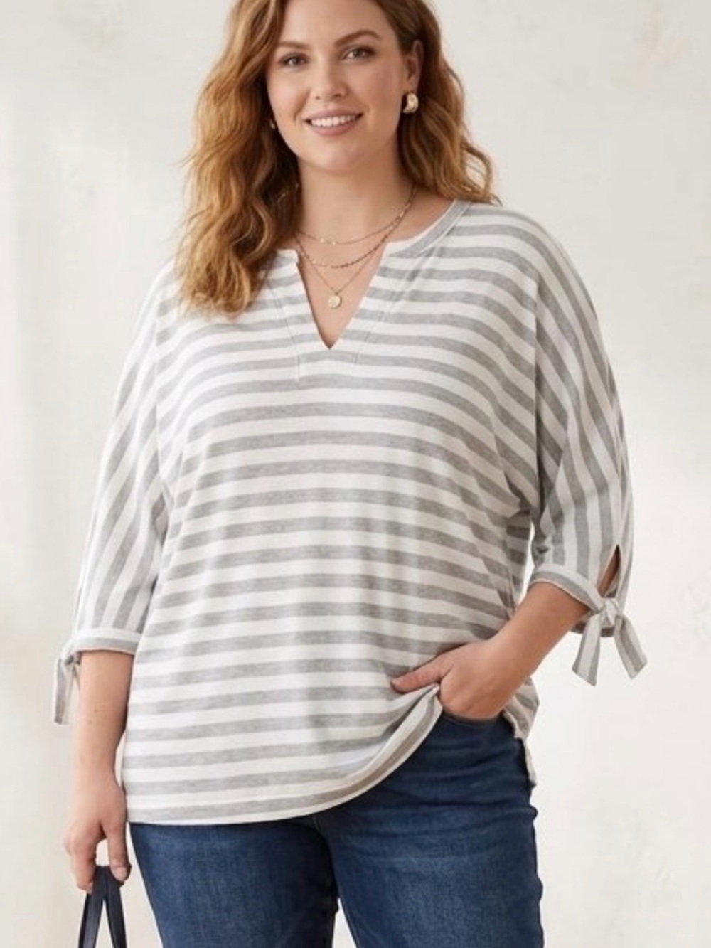 JOAN VASS 100% Cotton Knit Grey Stripe Pullover Johnny Collar Tunic Top Sz 16